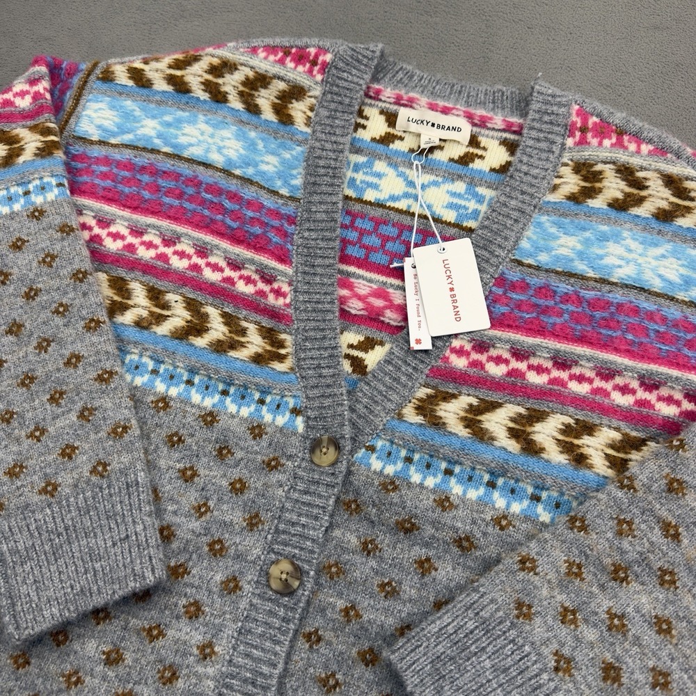 Lucky Brand Fair Isle Knit Cardigan Sweater Womens S Pink Blue Stripe Wool Blend